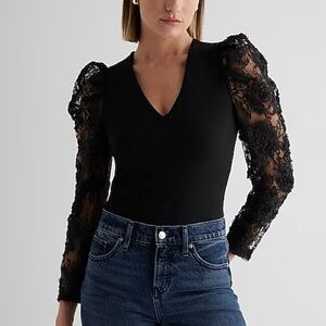 Express Floral Lace Sleeve Thong Bodysuit